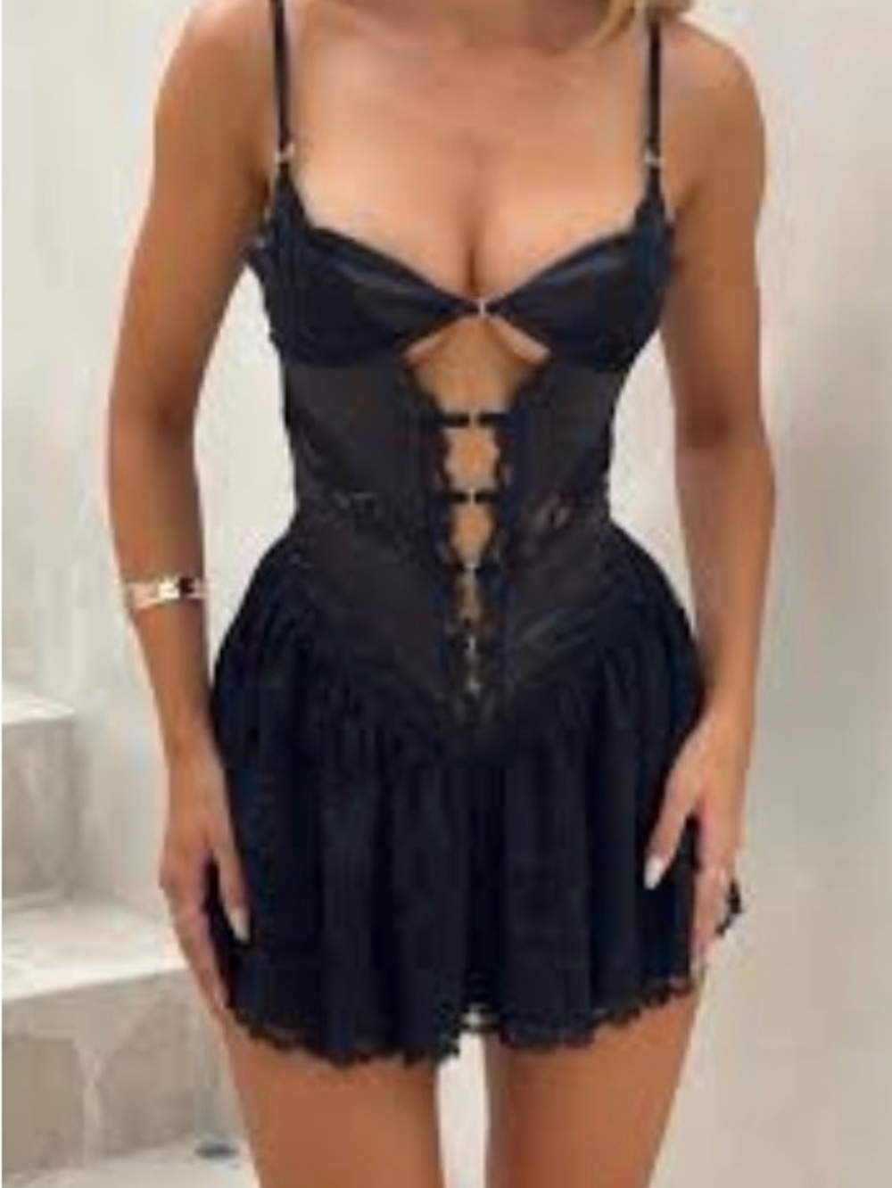 Black Lace Mini Dress with Sculpted Bodice - Picture 1 of 2
